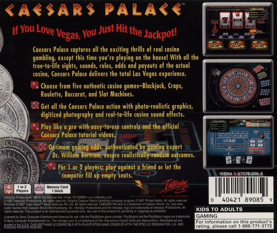 
Caesars Palace | PlayStation | back cover | Region: North America | source-country=United States | Data by MobyGames.com