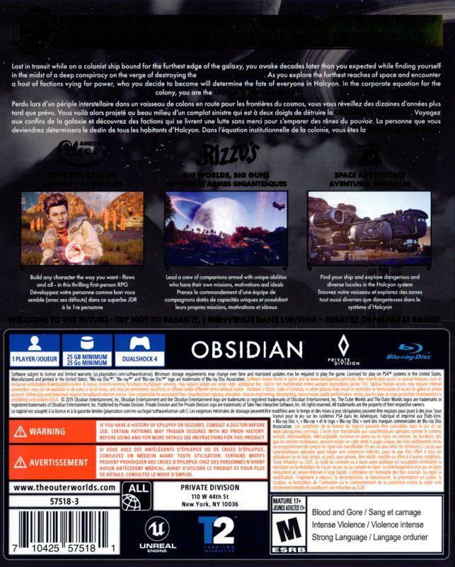 
The Outer Worlds | PlayStation 4 | back cover | Region: North America | source-country=Canada | Data by MobyGames.com