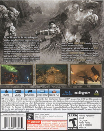 Arcania: The Complete Tale | PlayStation 4 | back cover | region=North America | source-country=United States | zypher-v2 | moby-1166087cccae | Data by MobyGames.com