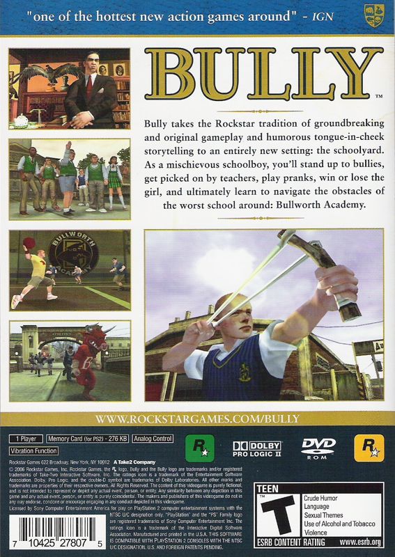 Bully | PlayStation 2 | back cover | Region: North America | source-country=United States | Data by MobyGames.com