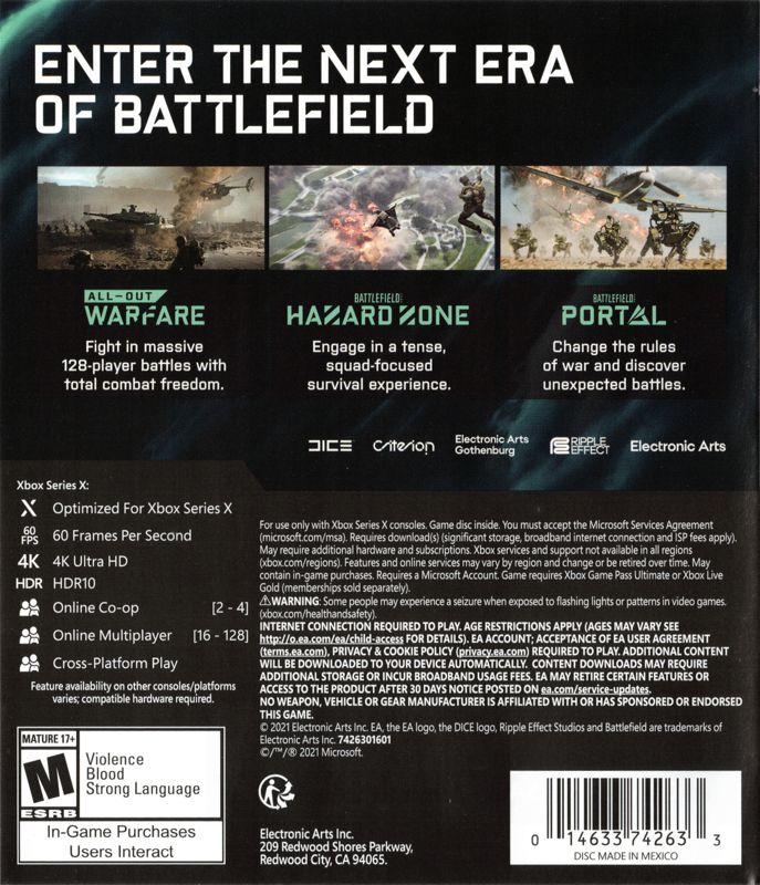 
Battlefield 2042 | Xbox Series | back cover | Region: North America | source-country=United States | Data by MobyGames.com