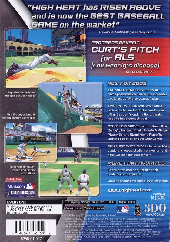 
High Heat Major League Baseball 2003 | PlayStation 2 | back cover | Region: North America | source-country=Canada,United States | Data by MobyGames.com