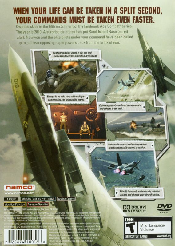Ace Combat 5: The Unsung War | PlayStation 2 | back cover | Region: North America | source-country=Canada,United States | Data by MobyGames.com