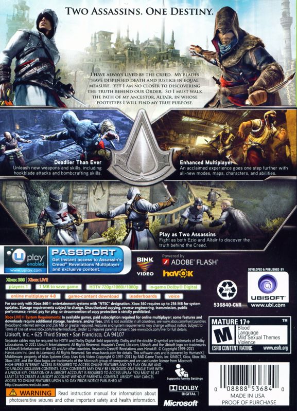 Assassin's Creed: Revelations | Xbox 360 | back cover | region=North America | source-country=Canada,United States | zypher-v2 | moby-3251008bffe1 | Data by MobyGames.com
