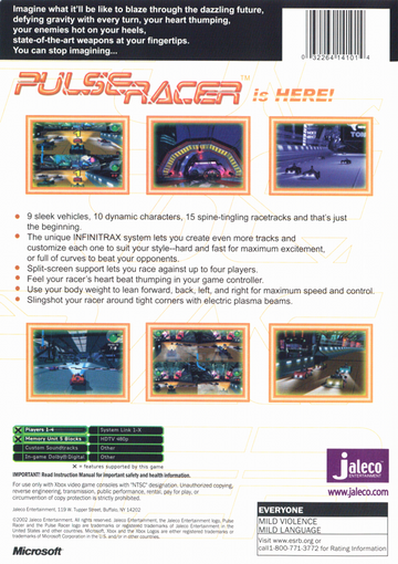 
Pulse Racer | Xbox | back cover | Data by MobyGames.com