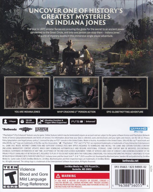 
Indiana Jones and the Great Circle | PlayStation 5 | back cover | Region: North America | source-country=United States | Data by MobyGames.com