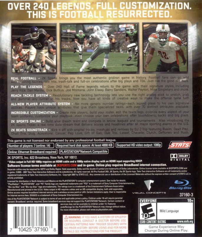 All-Pro Football 2K8 | PlayStation 3 | back cover | Region: North America | source-country=United States | Data by MobyGames.com