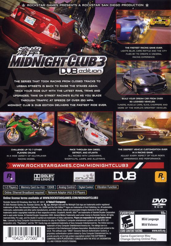 Midnight Club 3: DUB Edition | PlayStation 2 | back cover | region=North America | source-country=United States | zypher-v2 | moby-b79cfc7624bf | Data by MobyGames.com