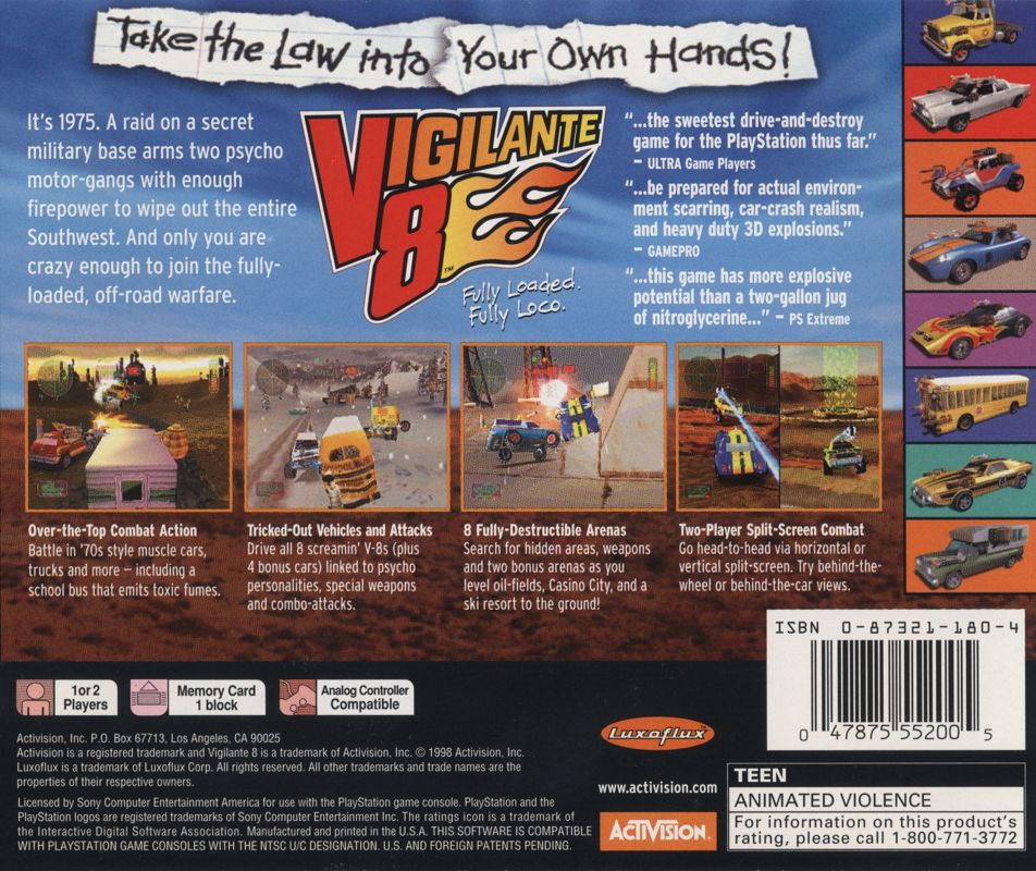 Vigilante 8 | PlayStation | back cover | region=North America | source-country=Canada,United States | zypher-v2 | moby-32b54fce8e77 | Data by MobyGames.com