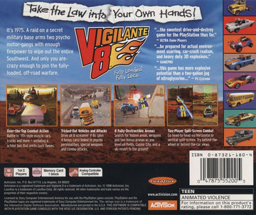 Vigilante 8 | PlayStation | back cover | region=North America | source-country=Canada,United States | zypher-v2 | moby-32b54fce8e77 | Data by MobyGames.com