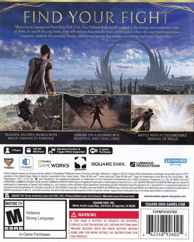 Forspoken | PlayStation 5 | back cover | region=North America | source-country=United States | zypher-v2 | moby-2c6de6e869f8 | Data by MobyGames.com