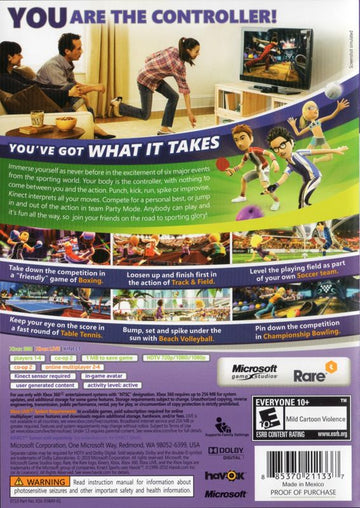 Kinect Sports | Xbox 360 | back cover | region=North America | source-country=United States | zypher-v2 | moby-bb17cff3cfcf | Data by MobyGames.com