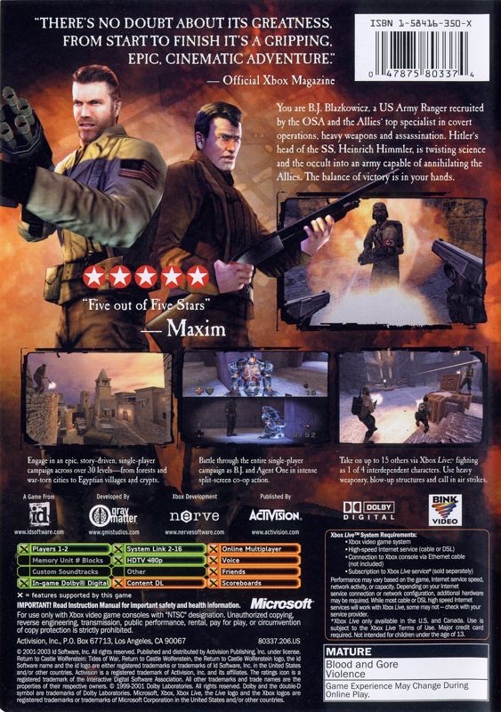 Return to Castle Wolfenstein: Tides of War | Xbox | back cover | region=North America | source-country=Canada,United States | zypher-v2 | moby-411bfcfbde99 | Data by MobyGames.com