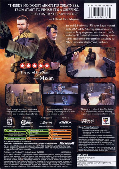 Return to Castle Wolfenstein: Tides of War | Xbox | back cover | region=North America | source-country=Canada,United States | zypher-v2 | moby-411bfcfbde99 | Data by MobyGames.com