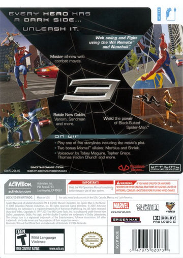 Spider-Man 3 | Wii | back cover | region=North America | source-country=Canada,Mexico,Other,United States | zypher-v2 | moby-1fb98351a9cc | Data by MobyGames.com