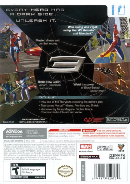 Spider-Man 3 | Wii | back cover | region=North America | source-country=Canada,Mexico,Other,United States | zypher-v2 | moby-1fb98351a9cc | Data by MobyGames.com