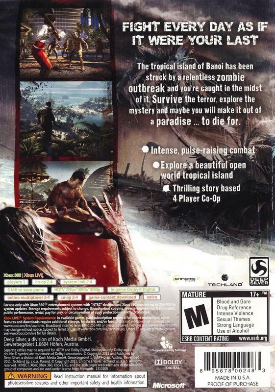 Dead Island | Xbox 360 | back cover | region=North America | source-country=United States | zypher-v2 | moby-25ac0d4a235e | Data by MobyGames.com