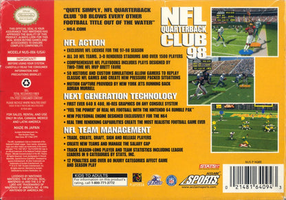 NFL Quarterback Club 98 | Nintendo 64 | back cover | region=North America | source-country=Canada,Mexico,Other,United States | zypher-v2 | moby-a77d516349c0 | Data by MobyGames.com