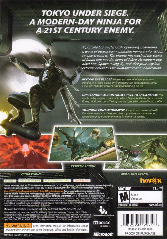Ninja Blade | Xbox 360 | back cover | region=North America | source-country=United States | zypher-v2 | moby-0fe0781e7632 | Data by MobyGames.com