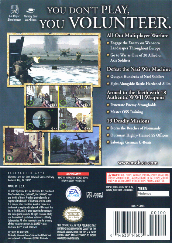 Medal of Honor: Frontline | GameCube | back cover | region=North America | source-country=Canada,United States | zypher-v2 | moby-b4e61961c35d | Data by MobyGames.com