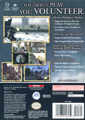 Medal of Honor: Frontline | GameCube | back cover | region=North America | source-country=Canada,United States | zypher-v2 | moby-b4e61961c35d | Data by MobyGames.com