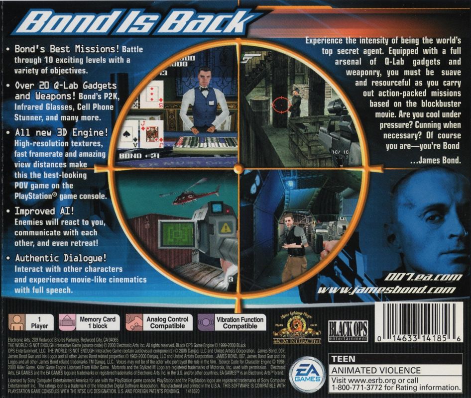 007: The World Is Not Enough | PlayStation | back cover | region=North America | source-country=United States | zypher-v2 | moby-9a61728accf5 | Data by MobyGames.com