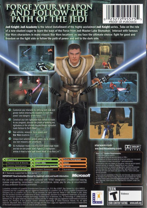 Star Wars: Jedi Knight - Jedi Academy | Xbox | back cover | moby-b72cce2d0dbe | Data by MobyGames.com