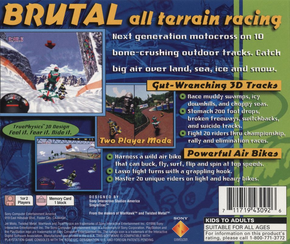 Jet Moto | PlayStation | back cover | region=North America | source-country=United States | zypher-v2 | moby-82a32de3b5cc | Data by MobyGames.com