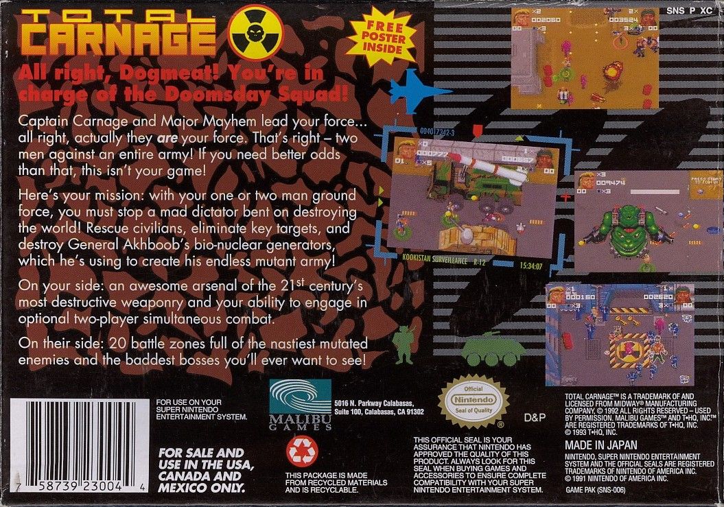 
Total Carnage | SNES | back cover | Data by MobyGames.com