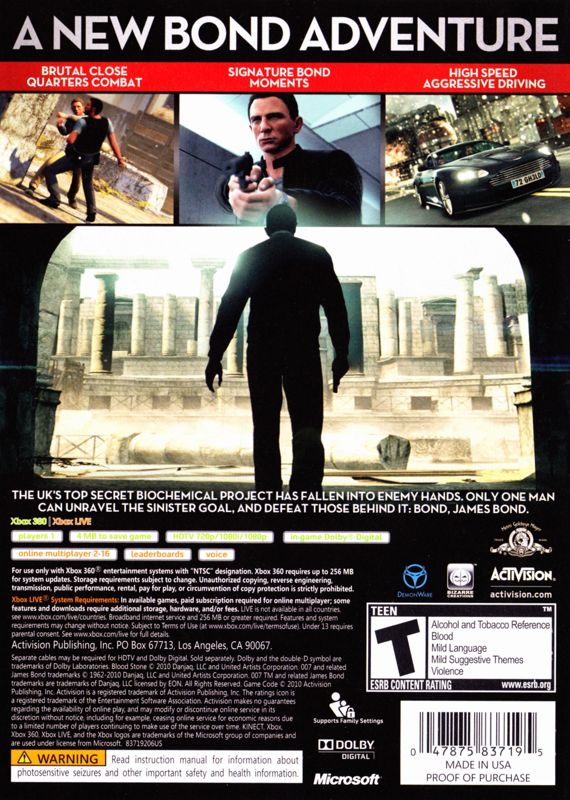 007: Blood Stone | Xbox 360 | back cover | region=North America | source-country=United States | zypher-v2 | moby-f589e42e03c8 | Data by MobyGames.com