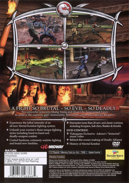 Mortal Kombat: Deadly Alliance | PlayStation 2 | back cover | region=North America | source-country=Canada,United States | zypher-v2 | moby-a4d06a16b754 | Data by MobyGames.com