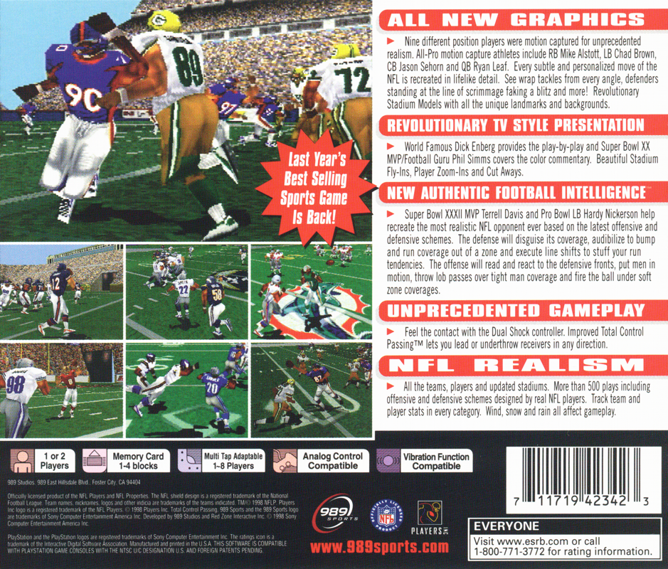 NFL GameDay 99 | PlayStation | back cover | region=North America | source-country=United States | zypher-v2 | moby-0424ea000513 | Data by MobyGames.com
