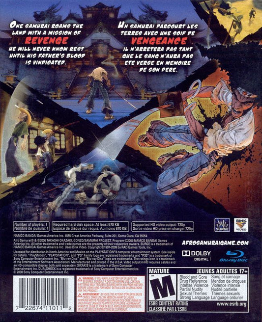 Afro Samurai | PlayStation 3 | back cover | region=North America | source-country=Canada,Mexico,United States | zypher-v2 | moby-d6263cc82374 | Data by MobyGames.com