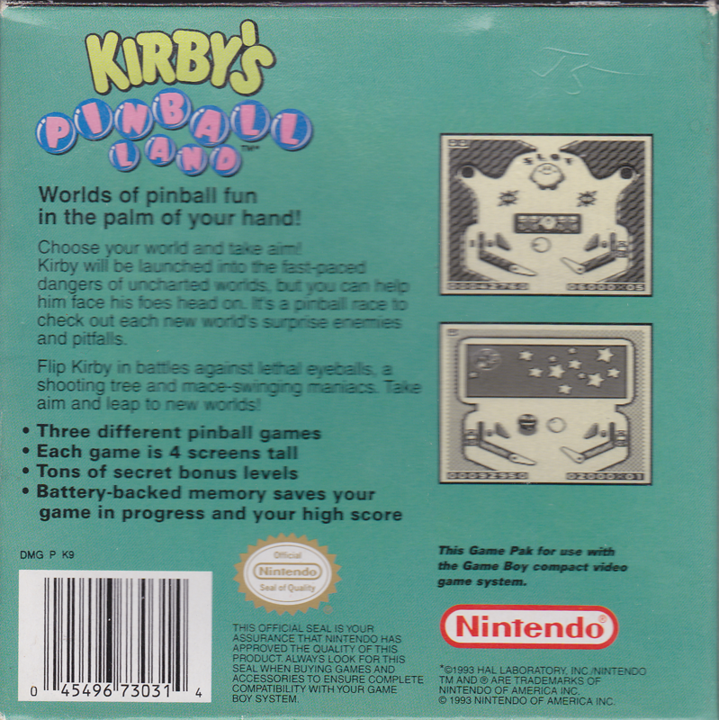 
Kirby's Pinball Land | Game Boy | back cover | Data by MobyGames.com