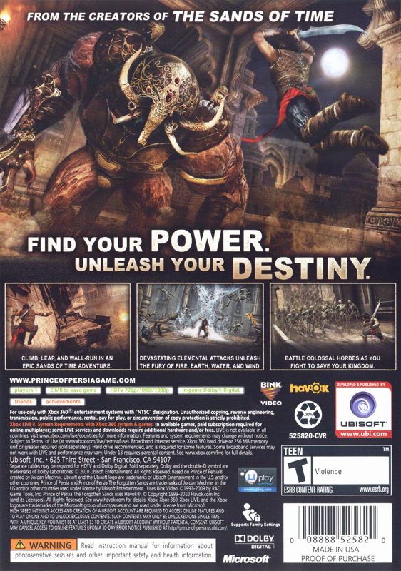 Prince of Persia: The Forgotten Sands | Xbox 360 | back cover | region=North America | source-country=United States | zypher-v2 | moby-fca9ea076f5f | Data by MobyGames.com