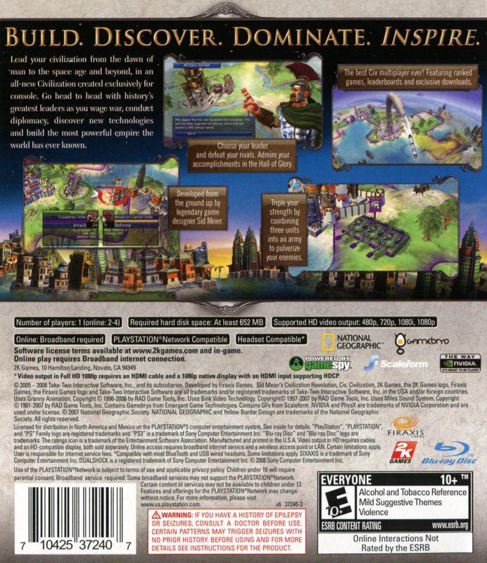 
Sid Meier's Civilization: Revolution | PlayStation 3 | back cover | Region: North America | source-country=United States | Data by MobyGames.com