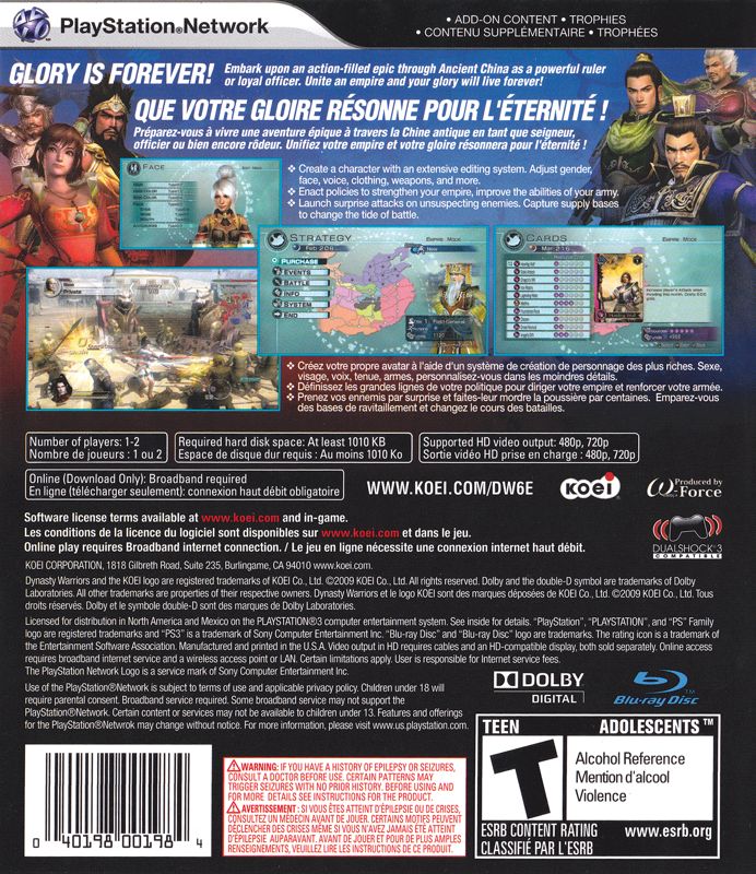 
Dynasty Warriors 6: Empires | PlayStation 3 | back cover | Region: North America | source-country=Canada | Data by MobyGames.com