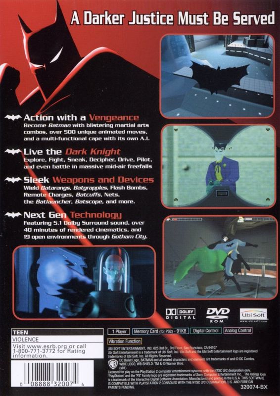 Batman: Vengeance | PlayStation 2 | back cover | region=North America | source-country=Canada,United States | zypher-v2 | moby-f5002bce0864 | Data by MobyGames.com