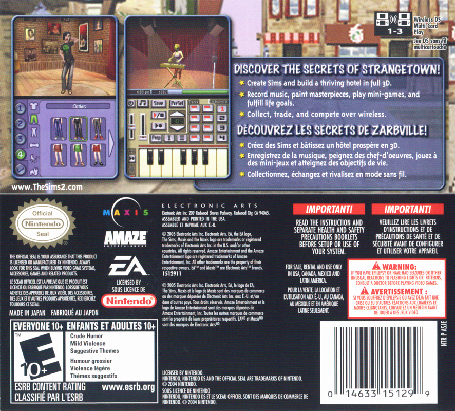 The Sims 2 | Nintendo DS | back cover | region=North America | source-country=Canada,United States | zypher-v2 | moby-dd4d5d783910 | Data by MobyGames.com