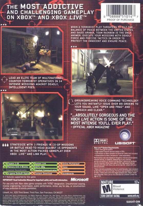 Tom Clancy's Rainbow Six 3 | Xbox | back cover | region=North America | source-country=Canada,United States | zypher-v2 | moby-3ab5b2c685e7 | Data by MobyGames.com