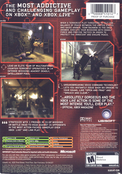 Tom Clancy's Rainbow Six 3 | Xbox | back cover | region=North America | source-country=Canada,United States | zypher-v2 | moby-3ab5b2c685e7 | Data by MobyGames.com