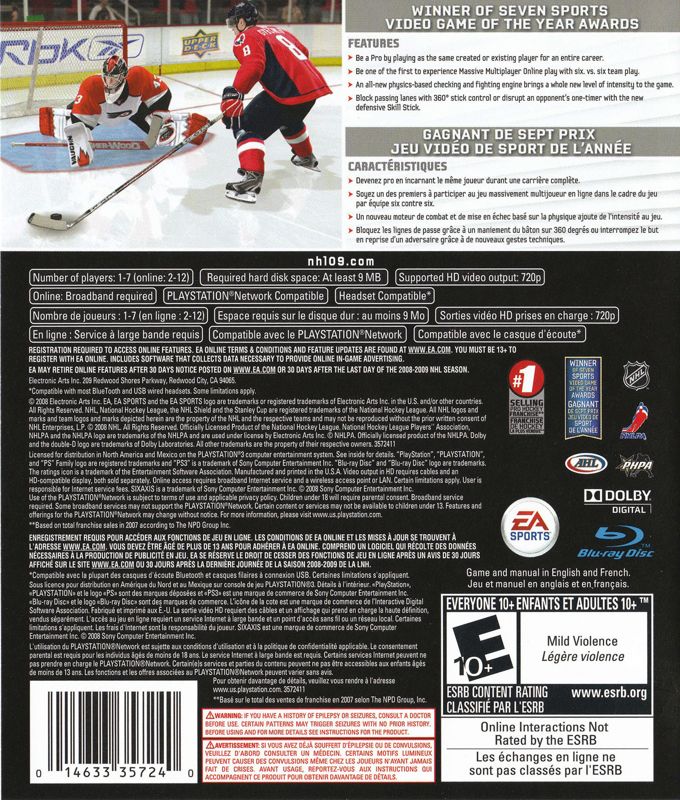NHL 09 | PlayStation 3 | back cover | region=North America | source-country=Canada,United States | zypher-v2 | moby-ccaacb806ccd | Data by MobyGames.com