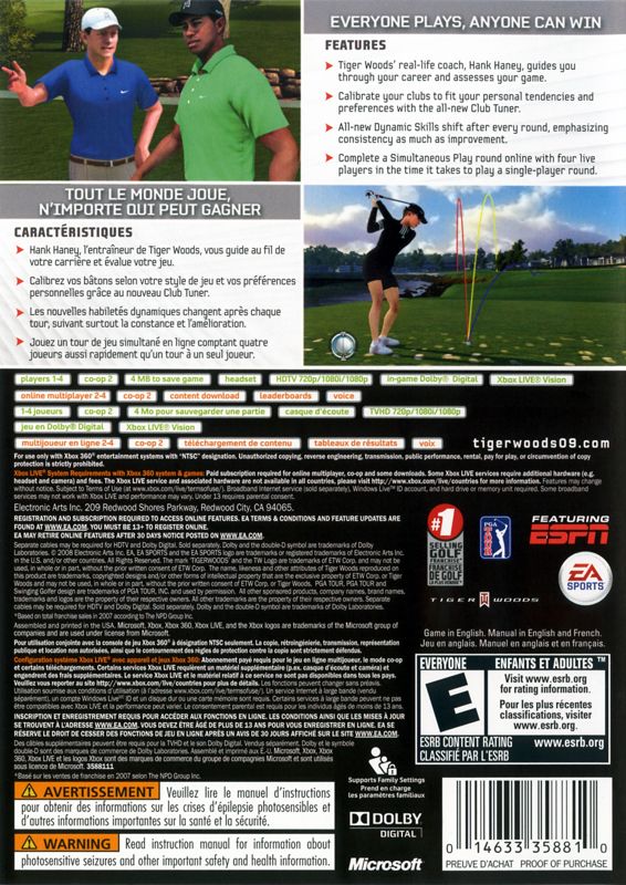 Tiger Woods PGA Tour 09 | Xbox 360 | back cover | region=North America | source-country=Canada,United States | zypher-v2 | moby-7872ea58122c | Data by MobyGames.com