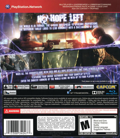 Resident Evil 6 | PlayStation 3 | back cover | region=North America | source-country=United States | zypher-v2 | moby-f17b9665edf6 | Data by MobyGames.com
