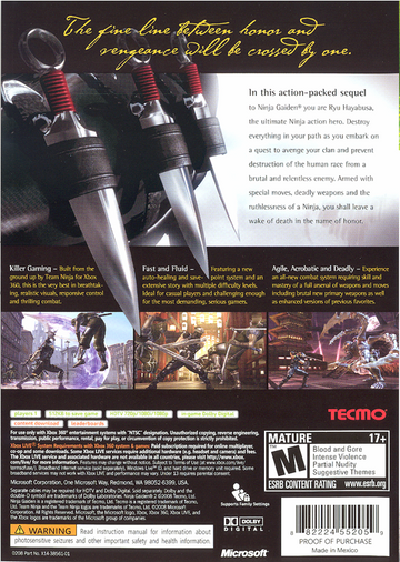 Ninja Gaiden II | Xbox 360 | back cover | region=North America | source-country=United States | zypher-v2 | moby-82e0c5c3755f | Data by MobyGames.com