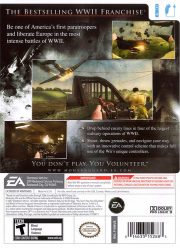 Medal of Honor: Vanguard | Wii | back cover | region=North America | source-country=Canada,United States | zypher-v2 | moby-d7bb60348e1d | Data by MobyGames.com