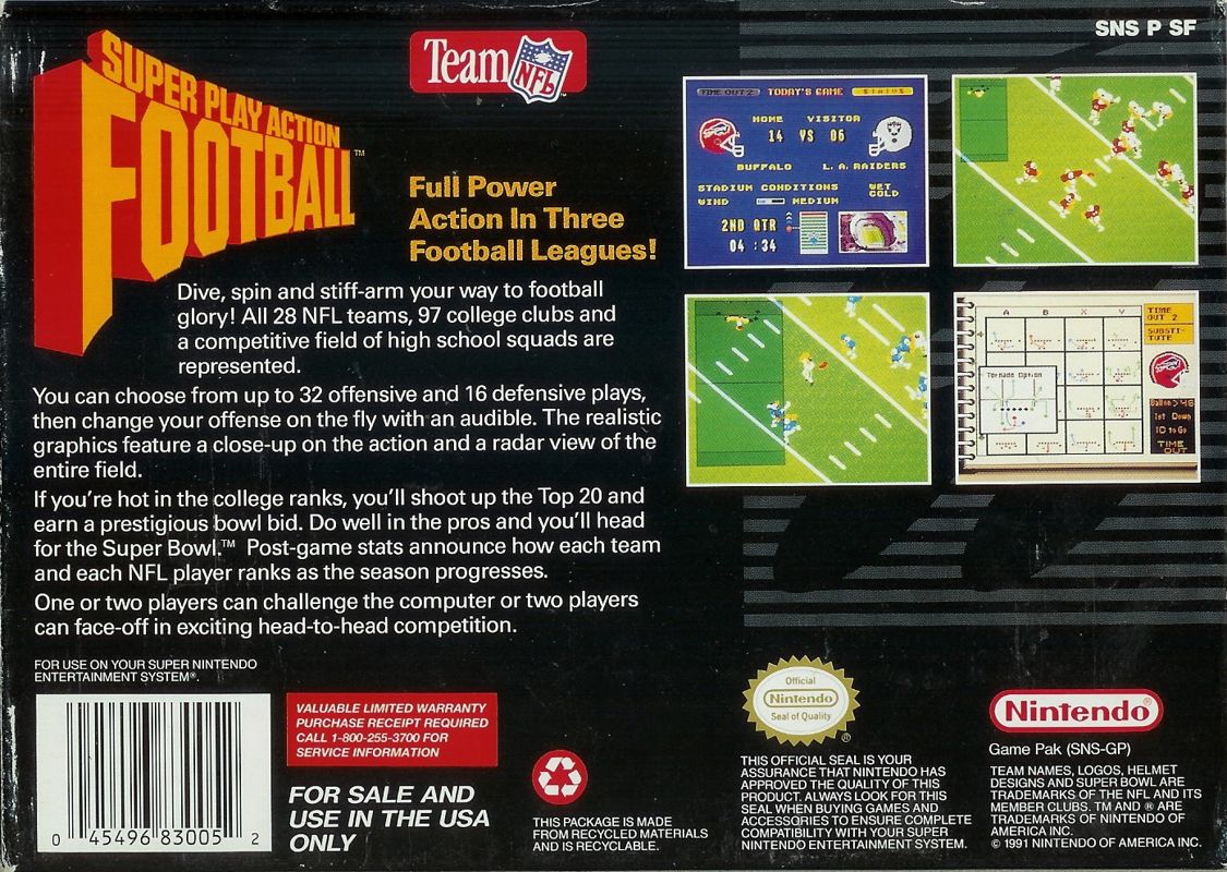 Super Play Action Football | SNES | back cover | region=North America | source-country=United States | zypher-v2 | moby-53e1c69c951c | Data by MobyGames.com