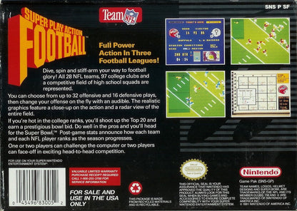 Super Play Action Football | SNES | back cover | region=North America | source-country=United States | zypher-v2 | moby-53e1c69c951c | Data by MobyGames.com