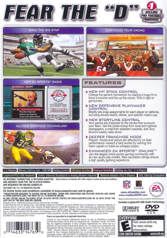Madden NFL 2005 | PlayStation 2 | back cover | region=North America | source-country=United States | zypher-v2 | moby-ec632aa4da2e | Data by MobyGames.com