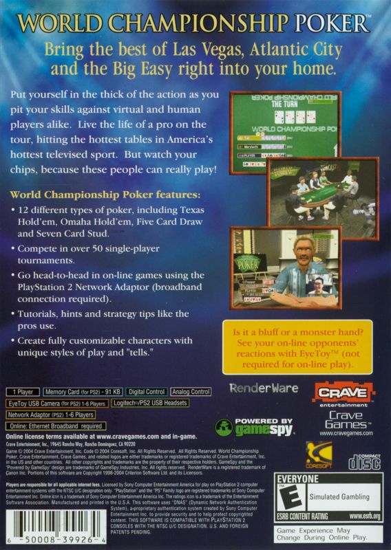 
World Championship Poker | PlayStation 2 | back cover | Region: North America | source-country=Canada,United States | Data by MobyGames.com